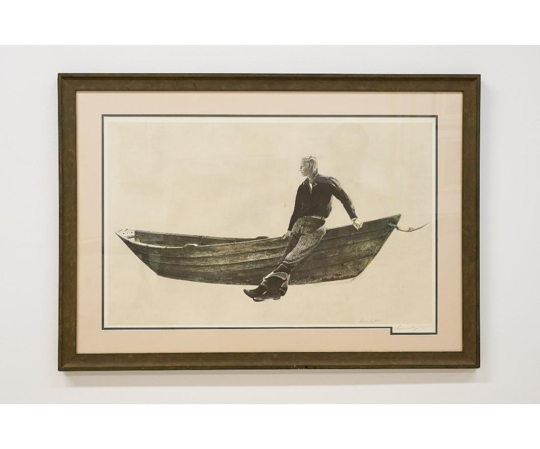 ANDREW NEWELL WYETH PHOTOLITHOGRAPH: Andrew Newell Wyeth (1917-2009, PA/ME) framed and matted color photolithograph titled "Young Fisherman and Dory", signed lower right. 21" x 32" ss / 29.5" x 42" oa