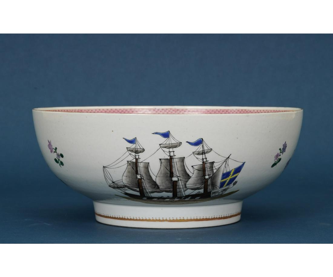 CHINESE PORCELAIN PUNCH BOWL: Chinese porcelain punch bowl, 19th c., decorated with ships flying the Swedish flag. 4.5"h x 11"dia