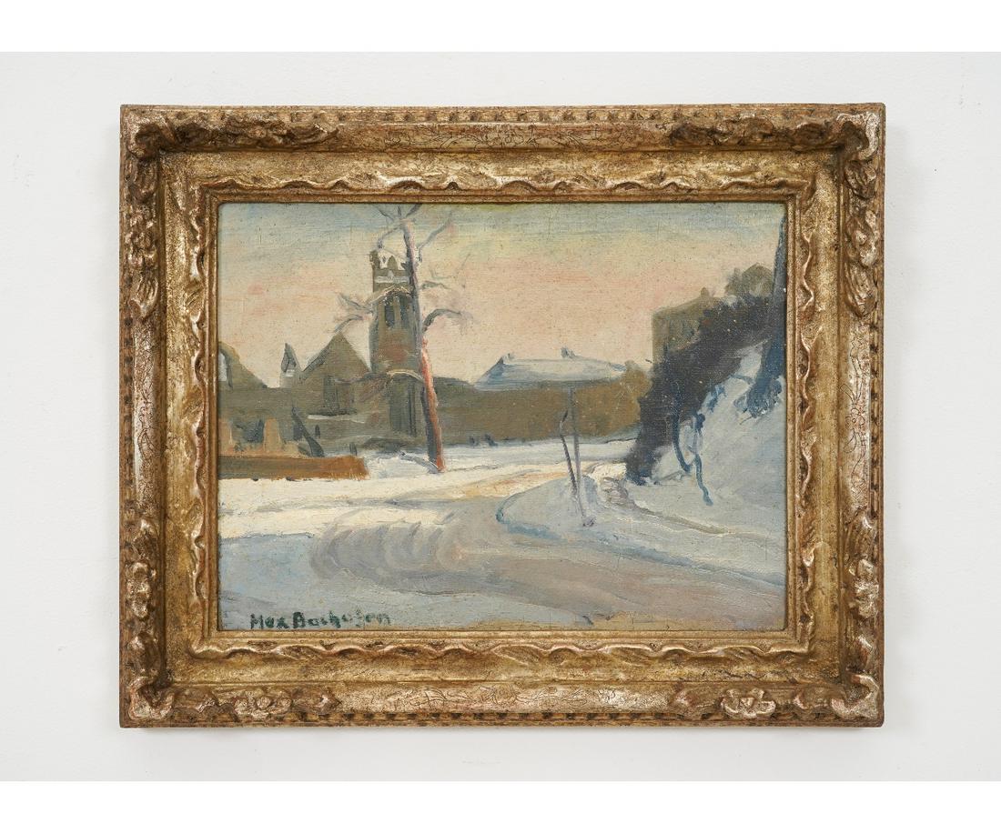 MAX ALBIN BACHOFEN OIL ON BOARD: Max Albin Bachofen (1903-1987, TX/Switzerland/Swaziland) oil on board of a winter landscape. 13" x 17.5" ss / 19" x 23.25" oa