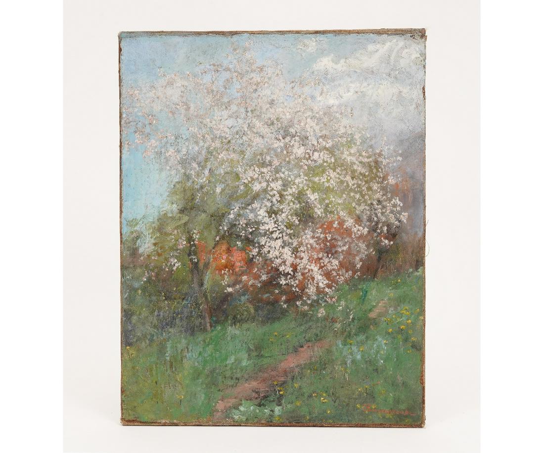 JENNIE AUGUSTA BROWNSCOMBE LANDSCAPE: Jennie Augusta Brownscombe (1850-1936, NY) oil on canvas of a springs landscape with apple blossoms, unframed. 18" x 14" ss