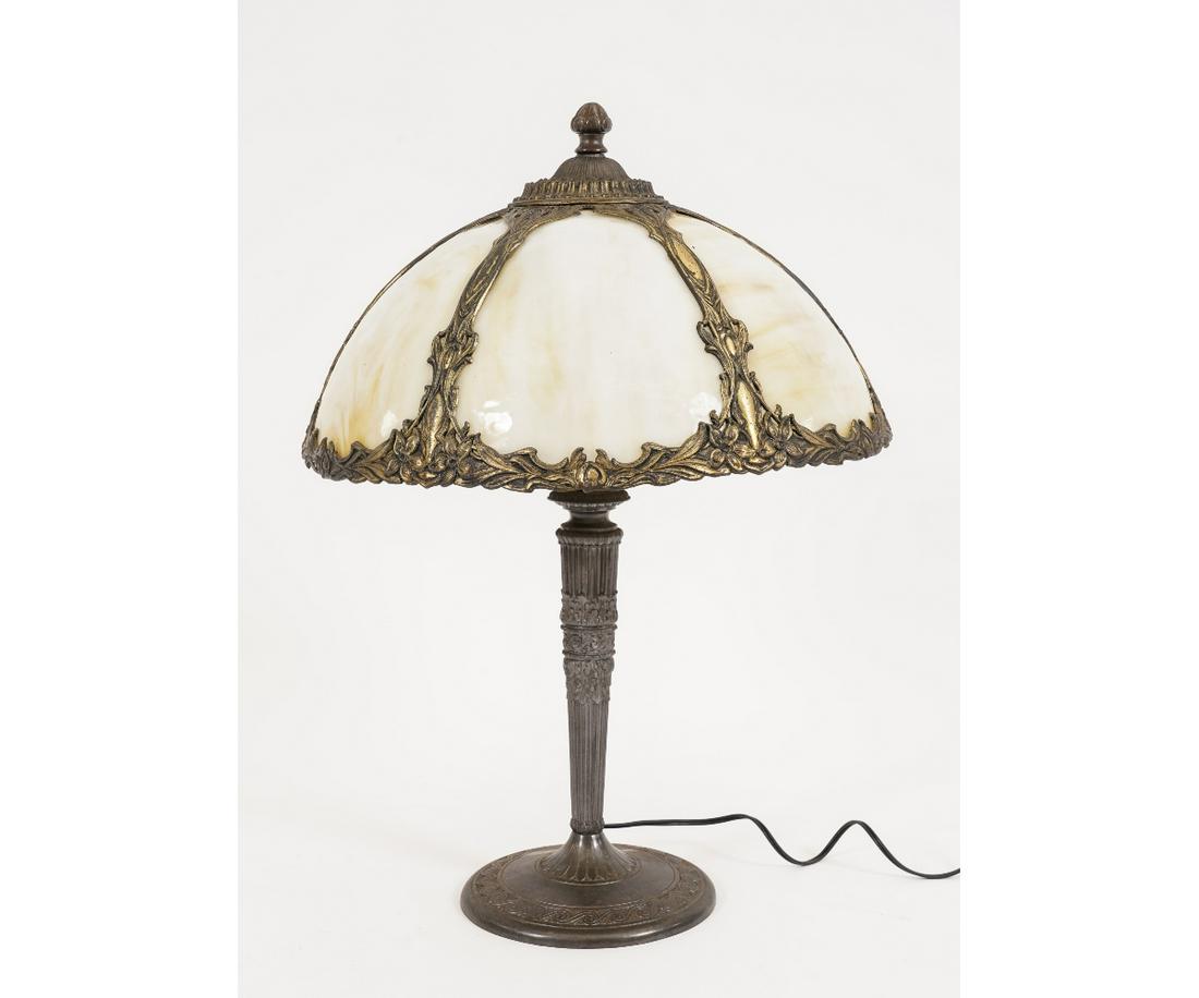 DOME SLAG GLASS LAMP: Dome slag glass shade table lamp, circa 1920, with metal base, rewired. 22"h x 17"dia