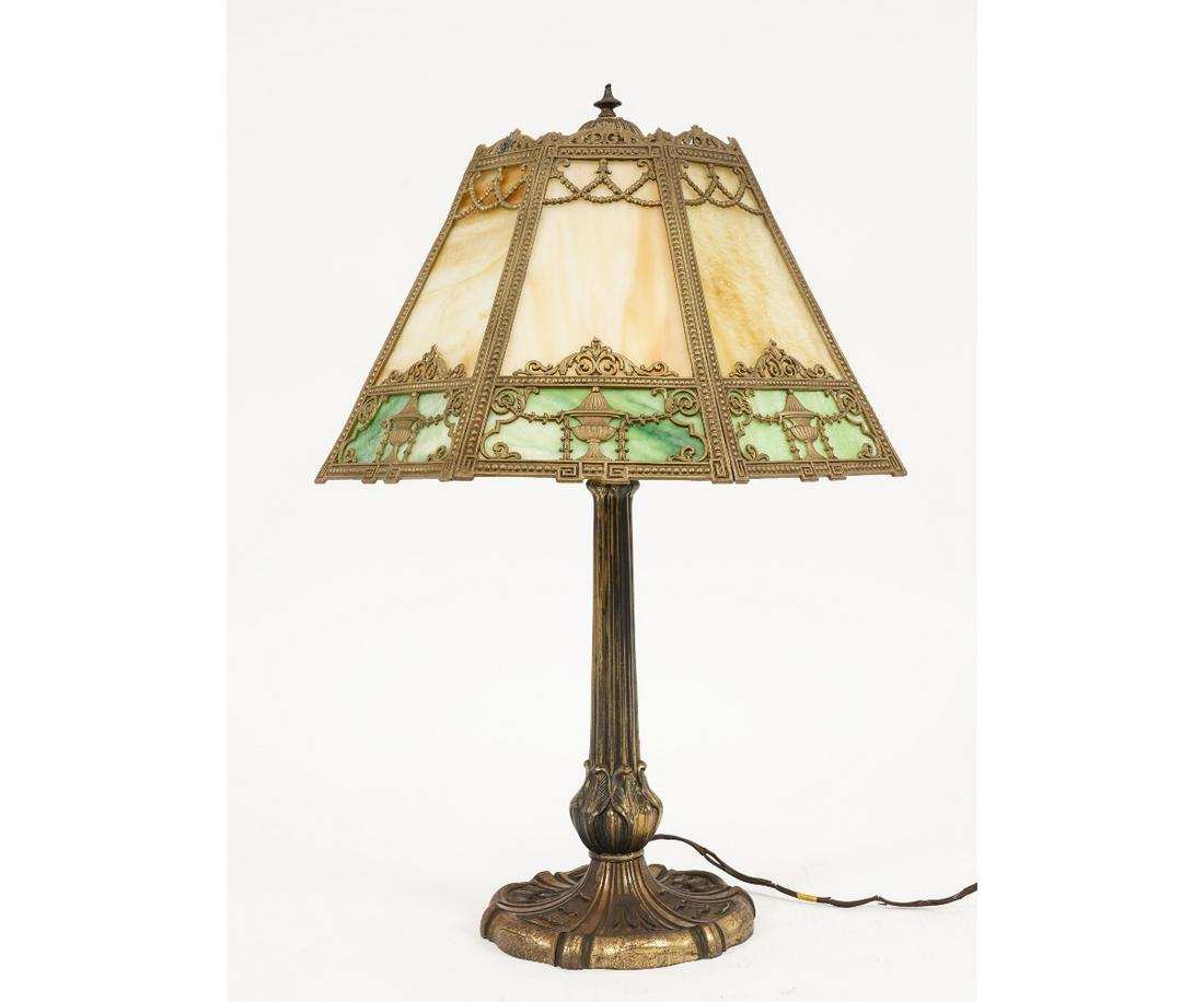 SLAG GLASS LAMP: Slag glass lamp, circa 1920, with eight sided two color shade and metal Art Nouveau base, marked and numbered on bottom. 25"h x 18"dia