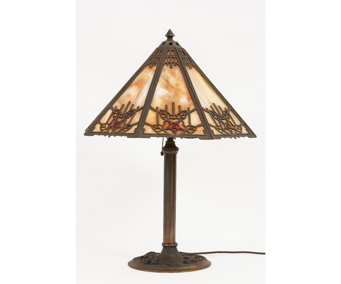 SLAG GLASS LAMP: Slag glass table lamp with a faux bronze metal Art Nouveau base. 23"h x 18"dia