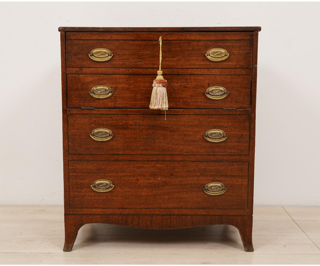 ENGLISH HEPPLEWHITE CHEST: English Hepplewhite mahogany diminutive faux chest of drawers with pull down front fitted as a commode, circa 1790. 27"h x 23.75"w x 15.25"d