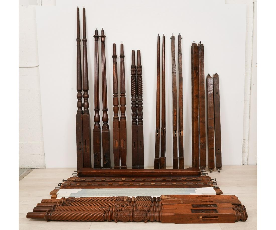 ASSORTED BED POSTS/RAILS: Assorted bed posts/rails, incomplete, 18/19th c. Tallest: 95"