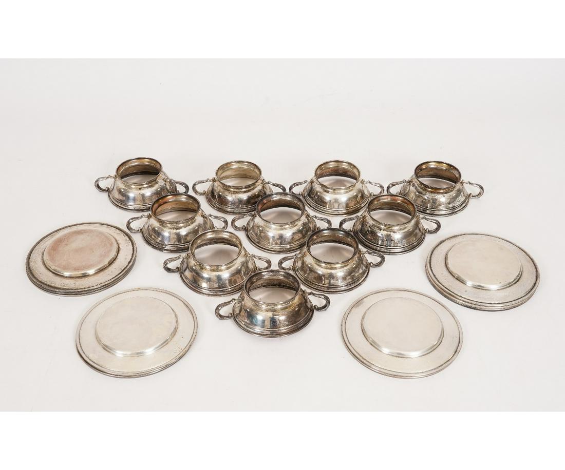 STERLING SILVER UNDER TRAYS: Ten sterling silver under trays/plates, 6.5"dia; together with ten sterling silver bullion bowl holders, 6.5"dia. 58 troy oz