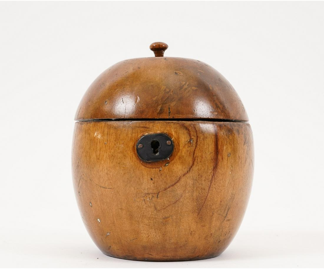 APPLE FORM TEA CADDY: Maple wood apple form tea caddy, age unknown. 5.25"h x 4"dia