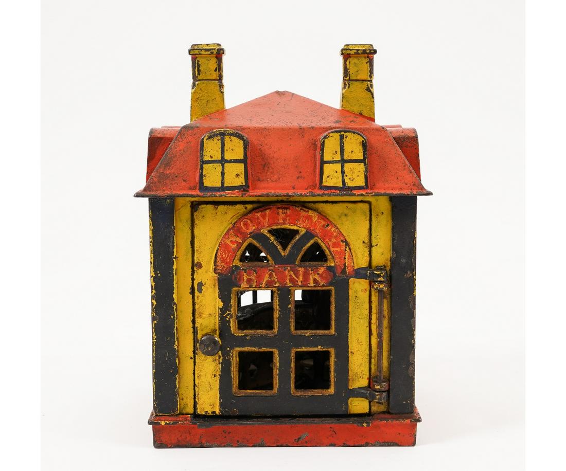 J & E STEVENS CO MECHANICAL BANK: J & E Stevens Co. cast iron novelty mechanical bank pat. 1872, 1873. 6.75"h x 4.75"w x 4.75"d