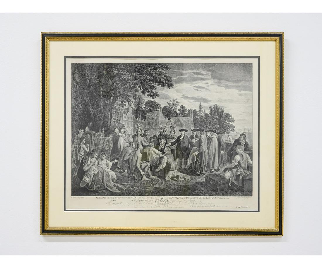 WILLIAM PENN INDIAN TREATY: William Penn's treaty with the Indians, published June 12, 1775 by John Boydell (British, 1719-1804), framed and matted, after the original by Benjamin West. 19" x 23.5" ss / 25.75" x 30.75" oa