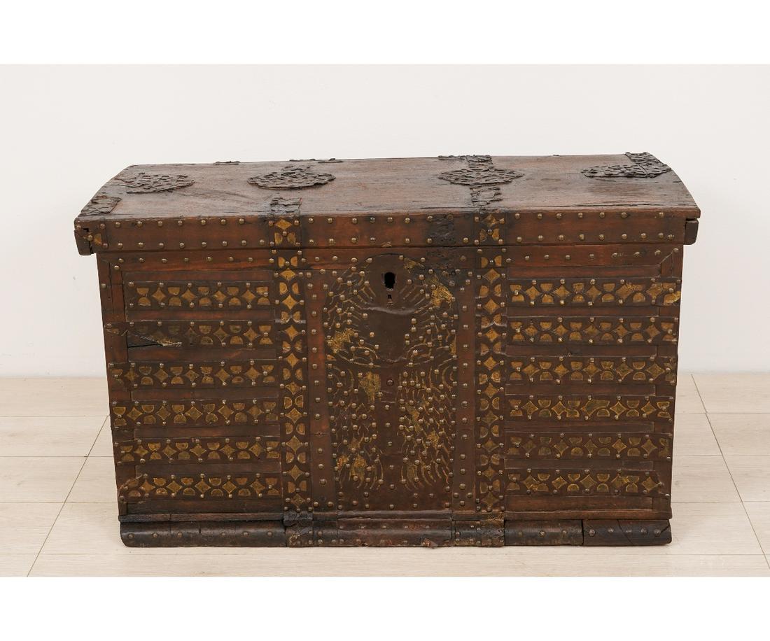 TRAVELING TRUNK: French walnut traveling trunk with iron mounts and brass studs, clinched hinges, probably 18th c. 23"h x 38.5"w x 21.5"d