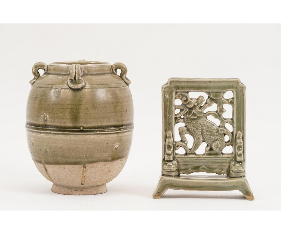CHINESE GREEN GLAZED VASE etc.: Chinese green glazed ceramic vase (cracked); together with a standing tile with dog/dragon plaque. Vase: 7.5"h x 6"dia Plaque: 6"h x 5.25"w