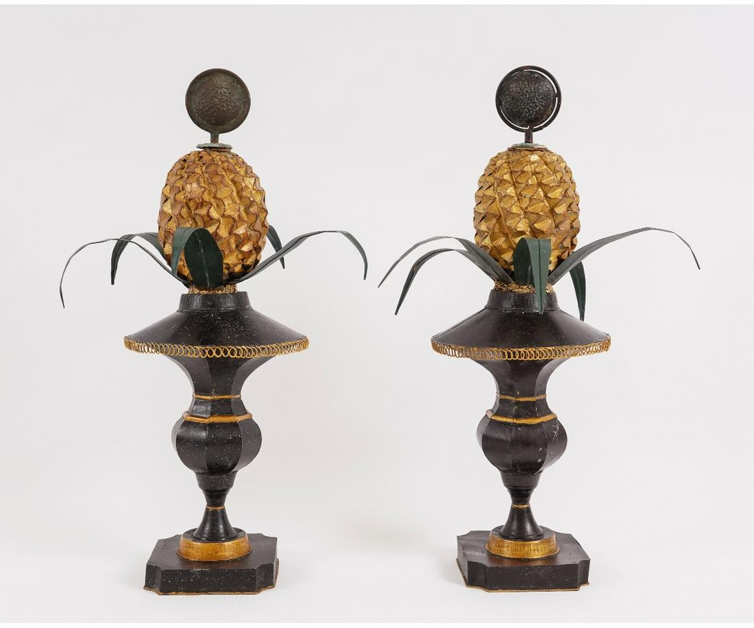 PAIR OF DECORATIVE PINEAPPLES: Pair of decorative tin painted pineapples, 20th c. 25"h x 15"dia