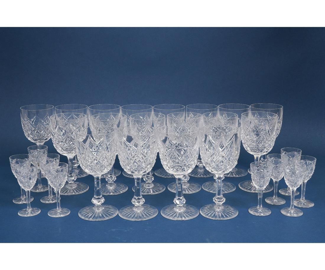 HEAVY BACCARAT CRYSTAL GOBLETS: Eighteen heavy Baccarat France, crystal glass goblets, 7.5"h x 3.25"dia; together with ten Baccarat cordial glasses, 4"h.