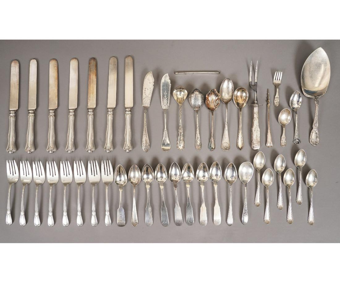 STERLING SILVER FLATWARE: Sterling silver flatware, various patterns and makers. Knife: 9.5"l / 31 troy oz