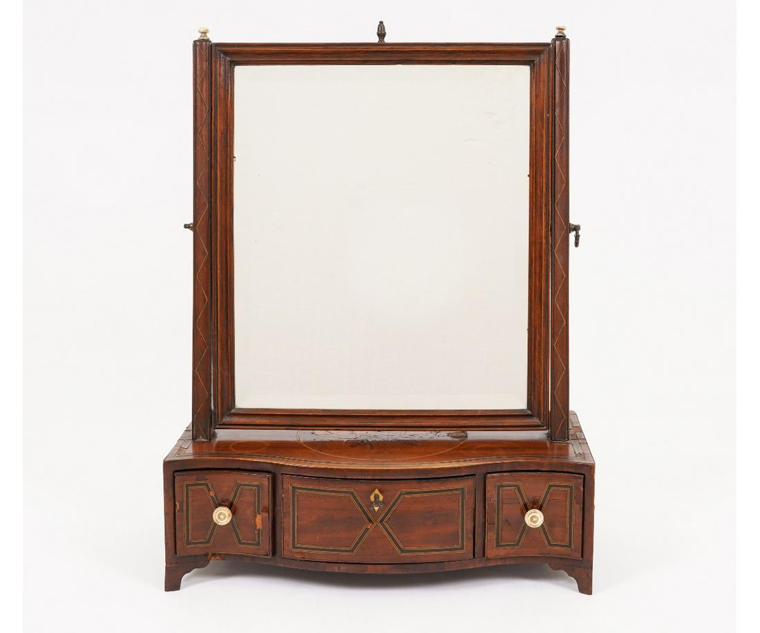 GEORGIAN MAHOGANY SHAVING STAND: Georgian mahogany inlaid shaving stand, circa 1790. 22.75"h x 17.5"w x 8.25"d