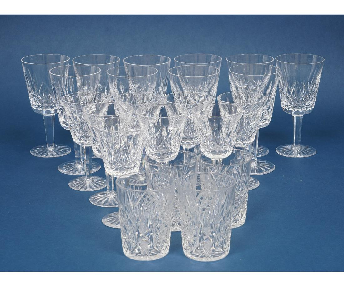 WATERFORD CRYSTAL GLASSWARE: Waterford Crystal stemware to include ten water goblets (7"h x 3.5"dia), eight small wine glasses and four tumblers, all in the Lismore pattern.