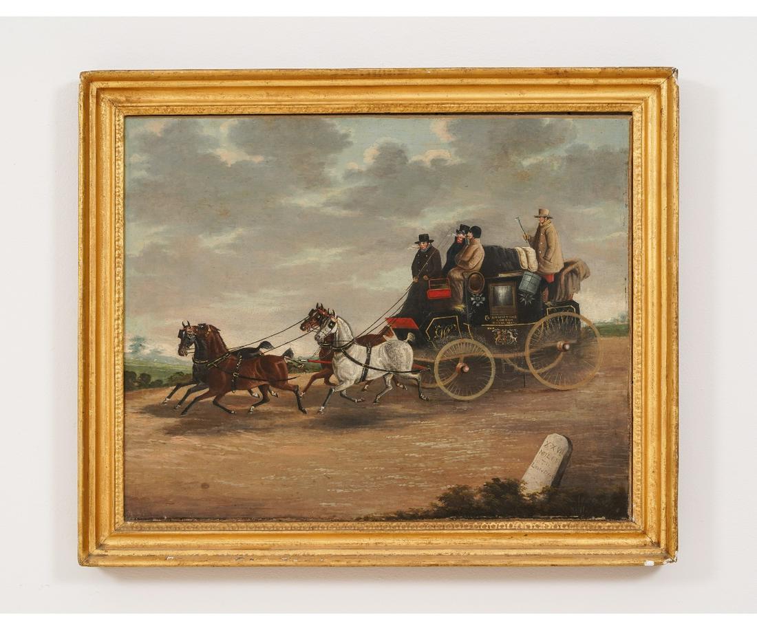 BRITISH SCHOOL OIL ON CANVAS: British School oil on canvas, London Mail four-in-hand coach scene, unsigned, circa 1880. 19.25" x 24" ss / 23.75" x 28.25" oa