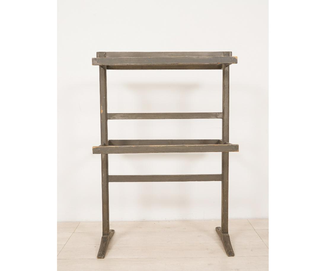 NEW ENGLAND SHAKER HERB RACK: New England Shaker shoefoot herb drying rack, mortise construction, circa 1840. 45.25"h x 31"w x 11.75"d