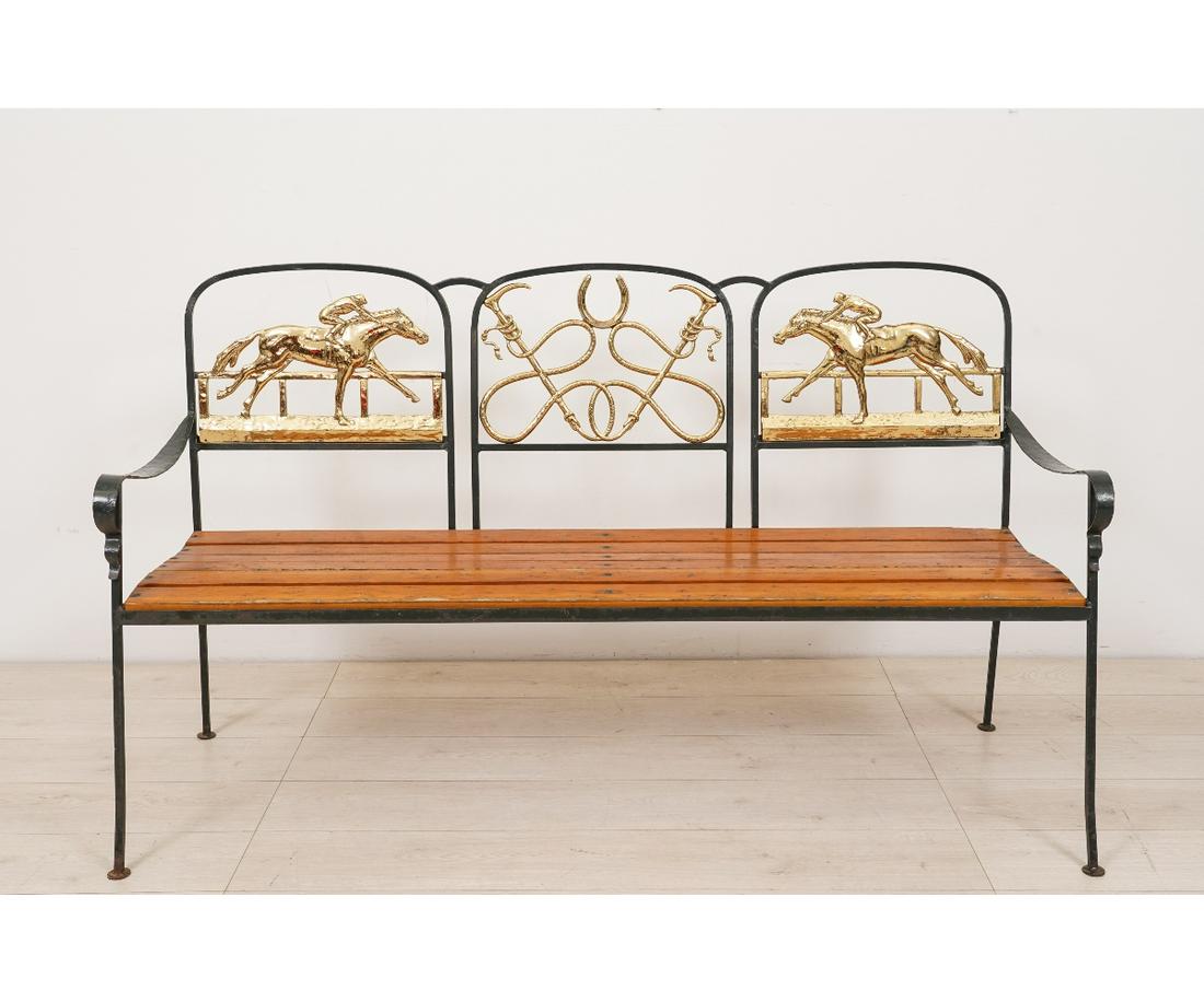 RARE KENNETH LYNCH WROUGHT IRON BENCH: Rare Kenneth Lynch wrought iron equine bench with brass back and slated pine seat. 36.25"h x 62"w x 17"d / 17.5" seat height
