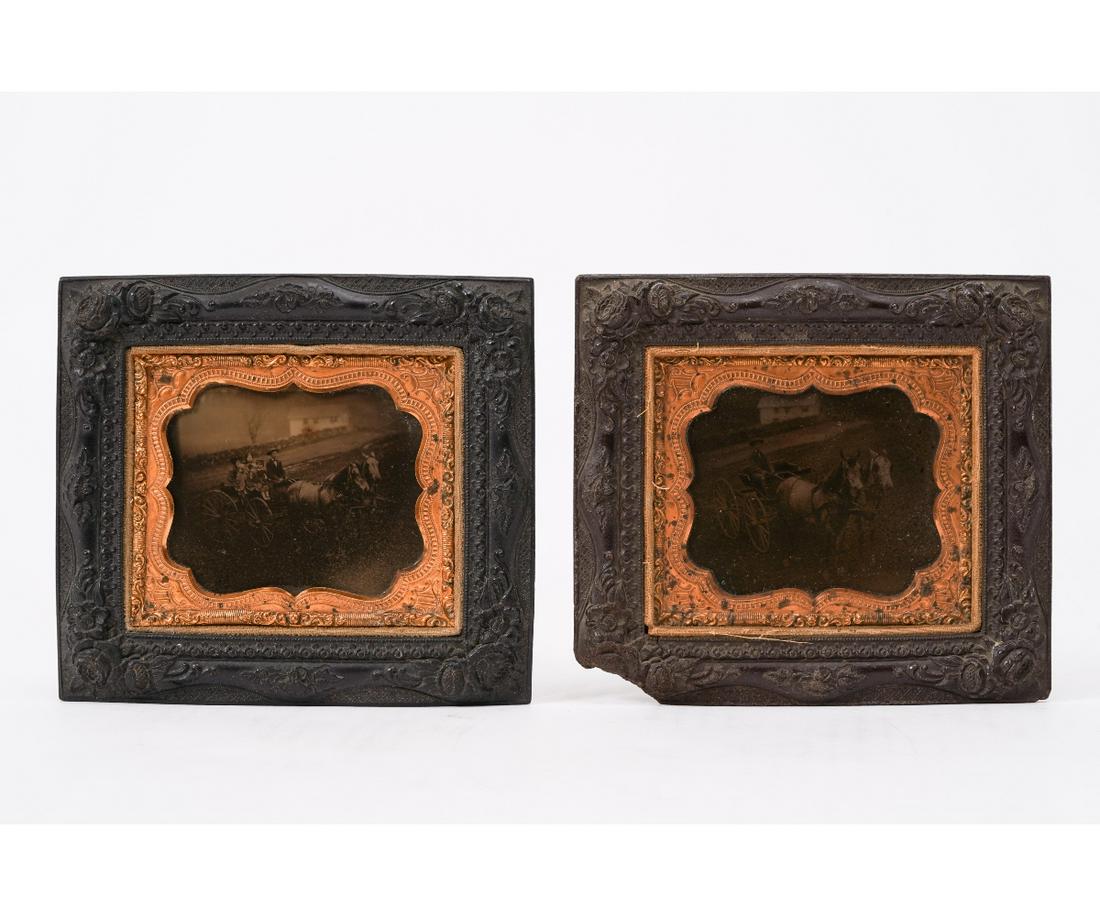 PAIR OF AMBROTYPES: Pair of ambrotypes, both of horses and carriages taken at the same location, circa 1870, both mounted in gutta percha frames. 2" x 2.75" ss / 4.5" x 5" oa