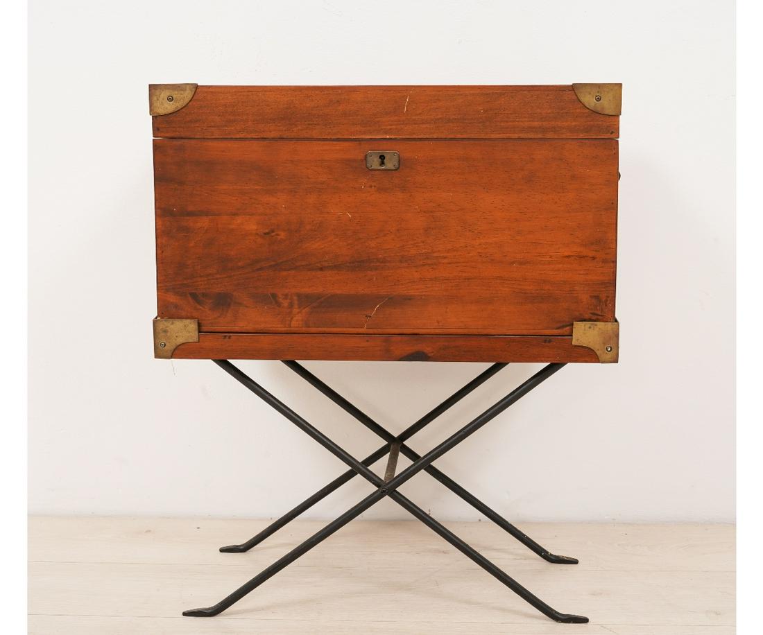 CAMPAIGN CHEST: Reproduction fruitwood campaign chest on metal stand, 20th c. 11.75"h x 19.5"w x 11.75"d / metal stand = 12"h
