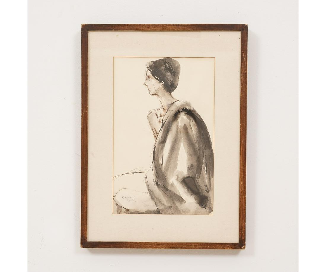 RAPHAEL SOYER: Raphael Soyer (1899-1987, NY) framed and matted watercolor of a seated woman. 16.5" x 10.5" ss / 23.75" x 17.5" oa