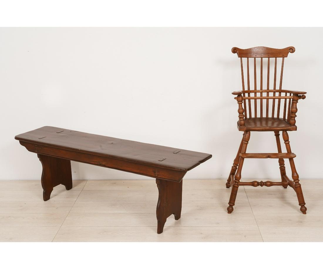 CHILDS HIGH CHAIR AND BENCH: Windsor style child's high chair, maple, signed "W.S.8", 40.5"h x 18.5"w x 12"d; together with a mortise and tenon wood bench, 18"h x 54.25"w x 12.5"d.