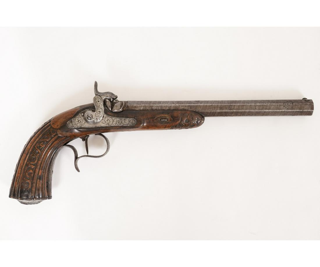 ANTIQUE BELGIUM PERCUSSION PISTOL: Antique Belgium percussion pistol with octagonal barrel, engraved trigger/lock, signed on barrel, 19th c. 16"l
