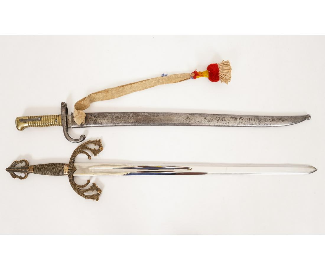 BRASS AND IRON BAYONET: Brass and iron bayonet with scabbard, signed, 30.5"l x 4"w oa; together with a contemporary sword, 30.5"l x 4"w oa
