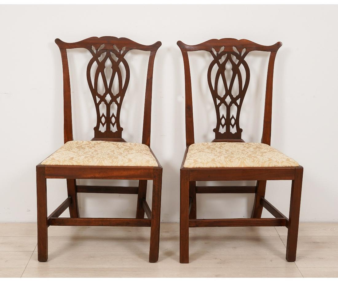 PAIR ENGLISH CHIPPENDALE SIDE CHAIRS: Pair of English Chippendale mahogany side chairs with Gothic splats, slip seats and molded square legs, circa 1780. 38.5"h x 21.5"w x 18.5"d