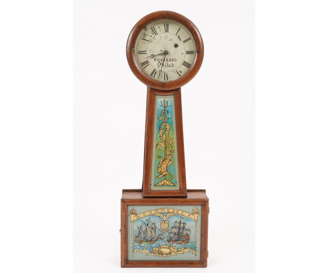 RIGGS BROTHERS BANJO CLOCK: Riggs Brothers, Philadelphia mahogany banjo clock, early 19th c. 29"h x 10"w x 4"d