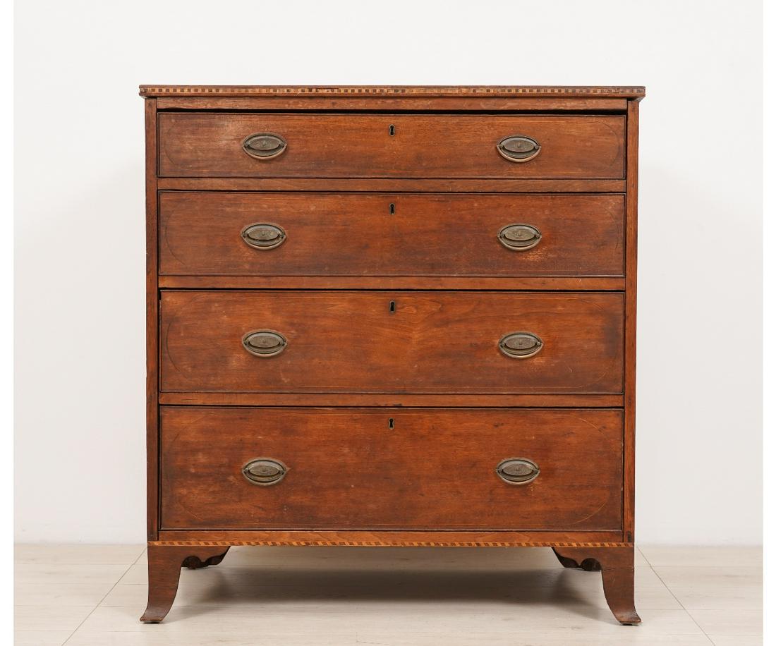 HEPPLEWHITE CHEST OF DRAWERS: Hepplewhite walnut inlaid chest of drawers, circa 1790. 40.75"h x 38.25"l x 20.5"d