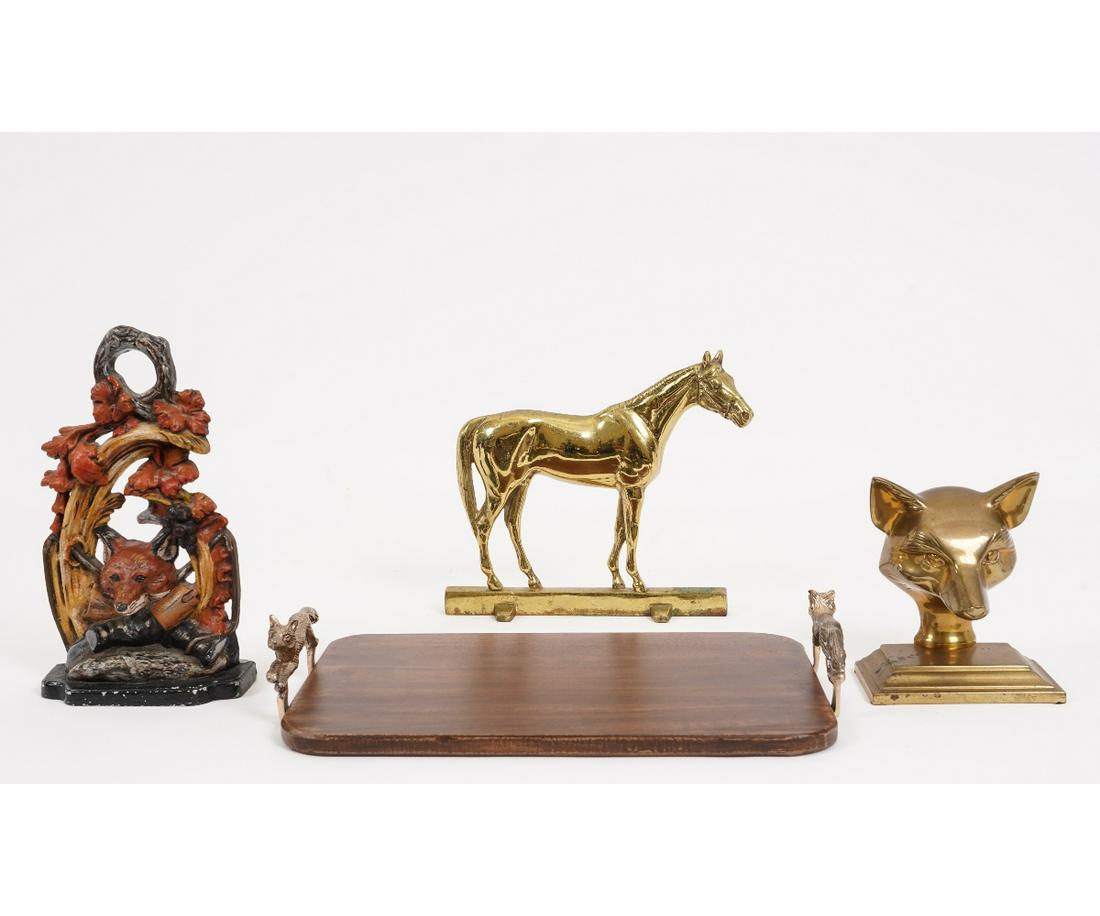SPORTING TRAY AND DOOR STOPS: Mahogany and metal fox handled serving tray, 3"h x 16"w x 10"d; together with a contemporary cast iron fox door stop, 10.5"h; and a brass horse and fox example.
