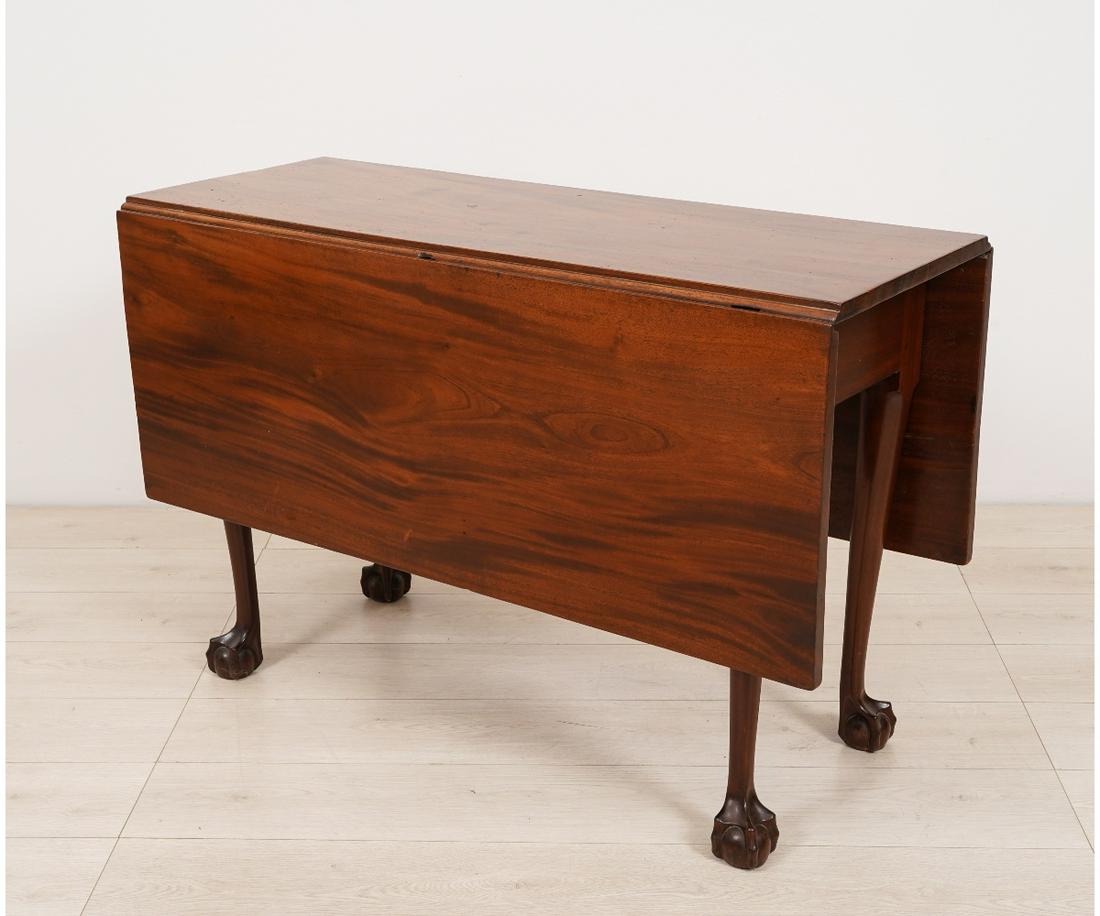 CHIPPENDALE DROP LEAF TABLE: Chippendale mahogany drop leaf table,18th c., with ball and claw feet. 28"h x 17.75"w x 43"d / each leaf 17"