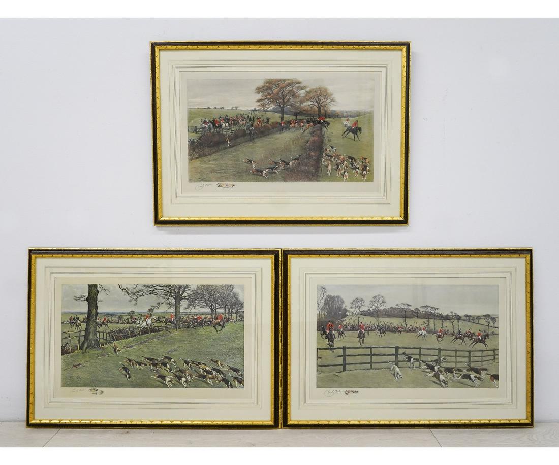 THREE CECIL ALDIN HUNTING SCENES: Three Cecil Aldin framed and matted hunting scenes, published by Alfred Bill & Co., London, copyright 1925, pencil signed by the artist, each with remarques of a study of foxes and a hounds.15.5" x 25
