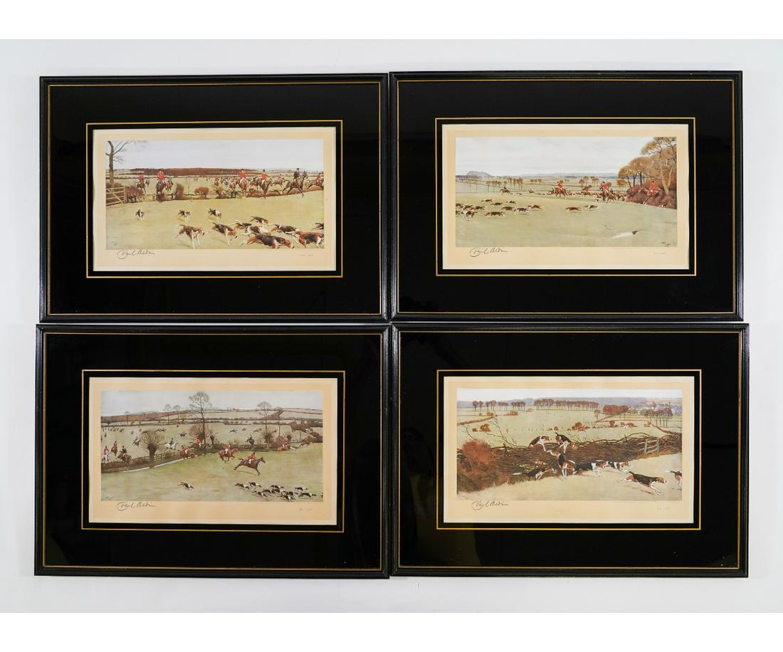 FOUR CECIL ALDIN HUNTING PRINTS: Four Cecil Aldin framed and matted fox hunting prints, each pencil signed by the artist. 7.25" x 13.25" ss / 13.5" x 19" oa
