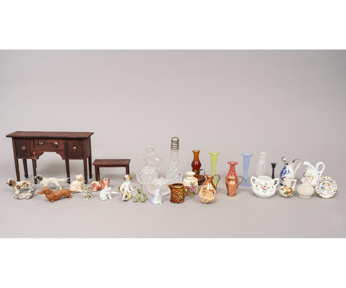 DOLL HOUSE ACCESSORIES: Doll house accessories to include a miniature wood sideboard, 3.75"h x 5.75"w x 1.75"d; together with glass and ceramic tableware, some marked Germany.