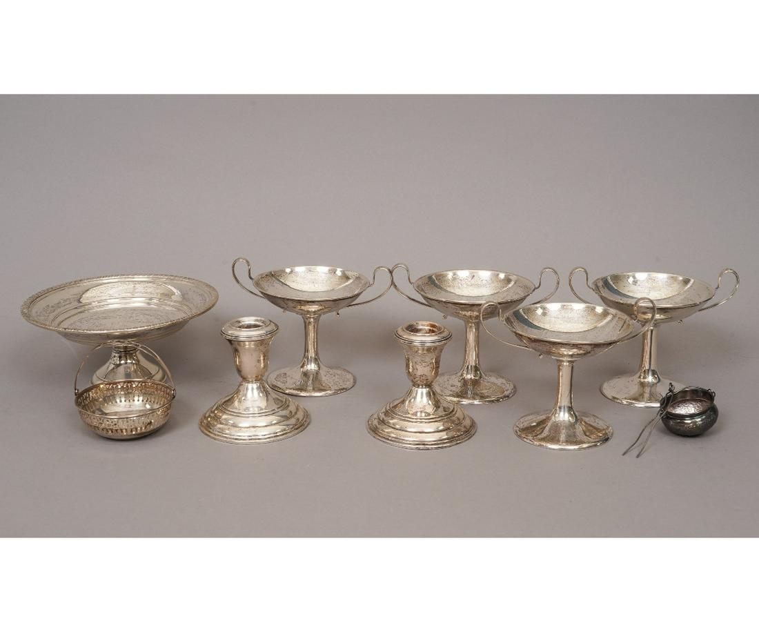 WEIGHTED STERLING SILVER TABLEWARE: Weighted sterling silver tableware to include candlestick holders and sherbets (no glass liners), etc. Dish: 2.75"h x 6.25"dia / 11 troy oz (excluding weighted pieces)