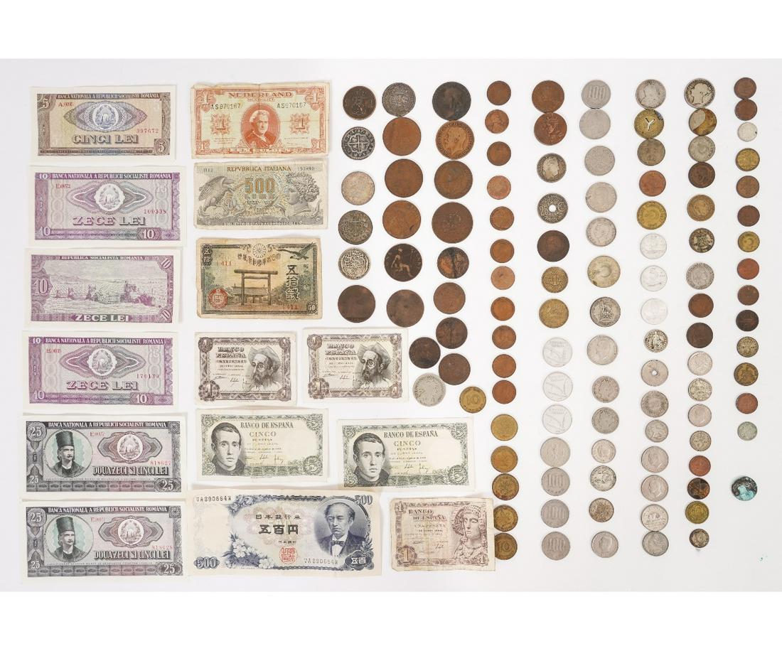 FOREIGN CURRENCY: Coin and paper foreign currency, various countries. Largest: 3"h x 6.25"d