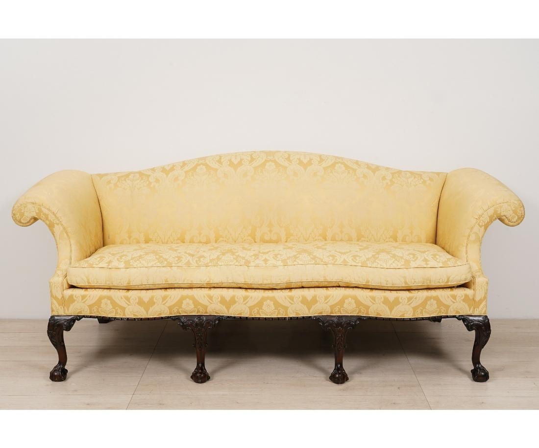 STICKLEY CHIPPENDALE STYLE SOFA: Stickley Chippendale style mahogany camelback sofa from the Colonial Williamsburg Collection, with yellow Scalamandre fabric. 36"h x 87"w x 21"d / 18" seat height