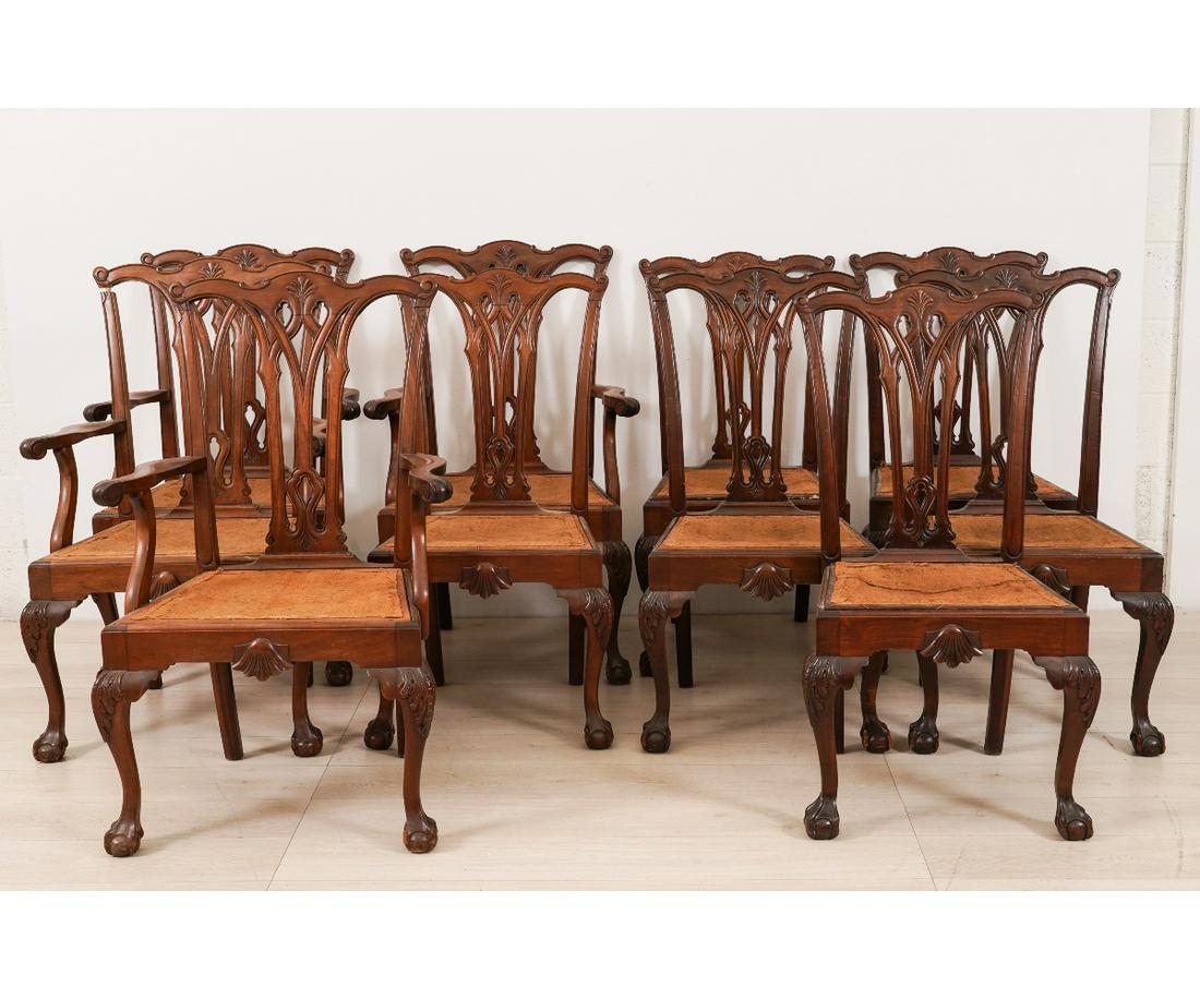 SET OF CHIPPENDALE STYLE DINING CHAIRS: Set of ten Philadelphia Chippendale style mahogany dining chairs, four arm and six side chairs, all with slip seats. Arm: 41.25"h x 23.5"w x 18.75"d / 17.5" seat height