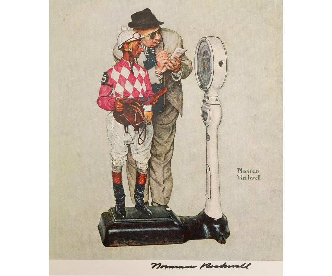 NORMAN ROCKWELL SIGNED LITHOGRAPH: Norman Rockwell lithograph titled "Weighing In" with original artist signature. 15" x 12.5" oa Provenance: Antique dealer Todd Lancaster (deceased), Nicholasville, KY
