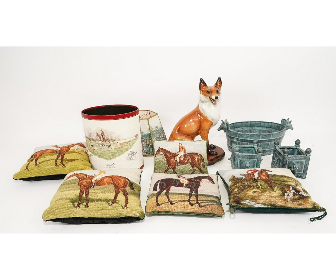 EQUINE GROUPING: Equine grouping to include a ceramic fox head planter, 7.5"h x 18"w; together with two small examples; a ceramic fox (16.5"h), made in Italy, with mahogany base (dents); pillows and a waste basket sig
