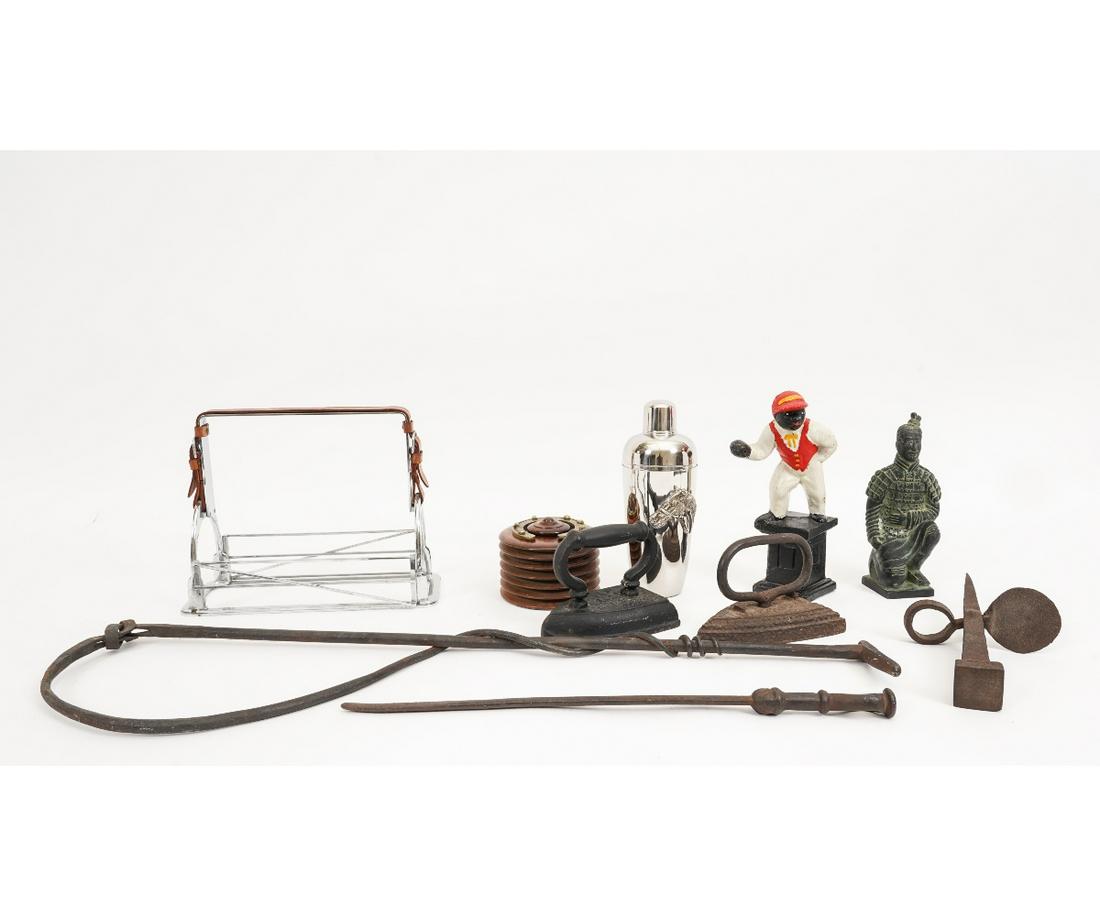 EQUINE GROUPING: Equine grouping to include; a chrome martini shaker, 9.5"h; stirrup bottle holder, 12"l; mahogany whip holder, 5"dia; iron whip, 31.5"l; a spike; two flat irons, an iron jockey, iron warrior etc.