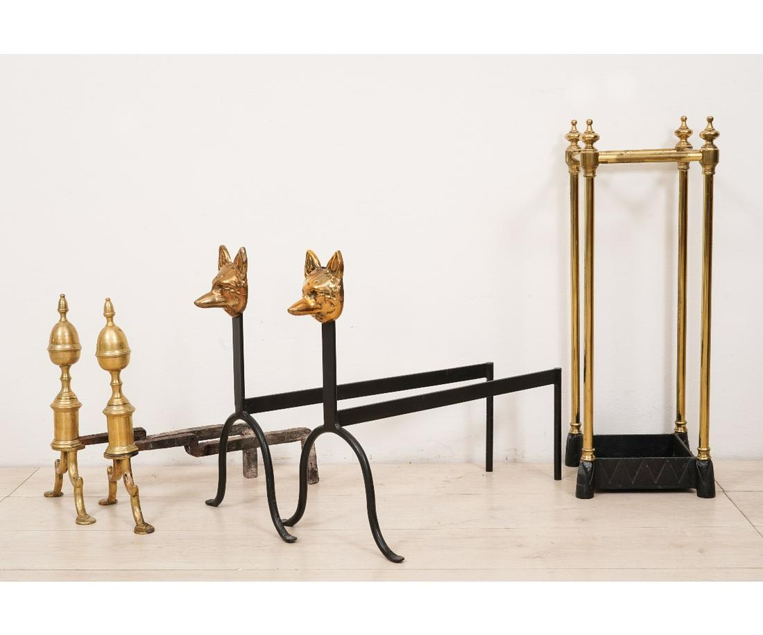 PAIR OF EARLY BRASS ANDIRONS etc.: Pair of early brass andirons, circa 1790, 14"h x 8.5" w x 14.5"d; together with a pair of brass/metal fox head andirons and a brass cane stand, 24.5"h x 8.5"l x 8.5"w.