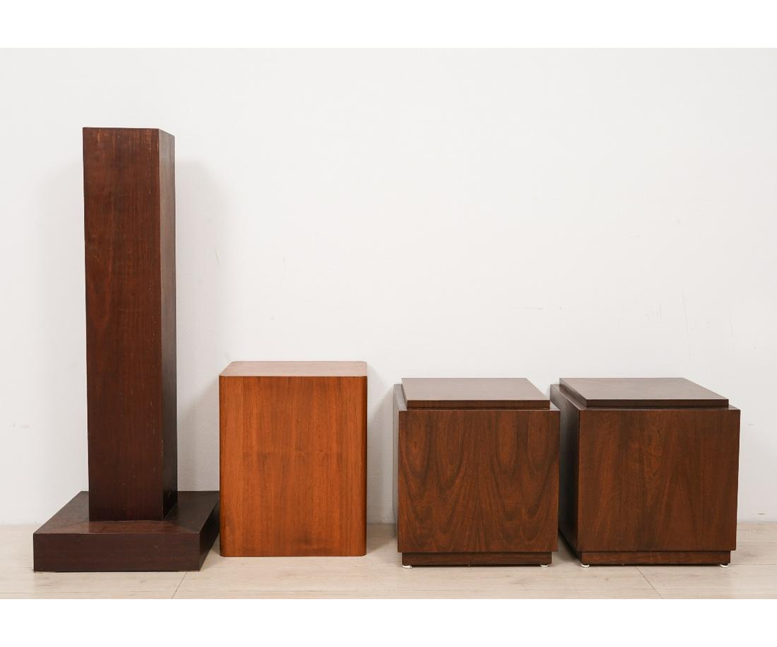 LARGE SQUARE MAHOGANY PLINTH etc.: Large square mahogany plinth, 46.5"h; together with a pair of mahogany display stands, 18.5"h x 17"w, and another example.