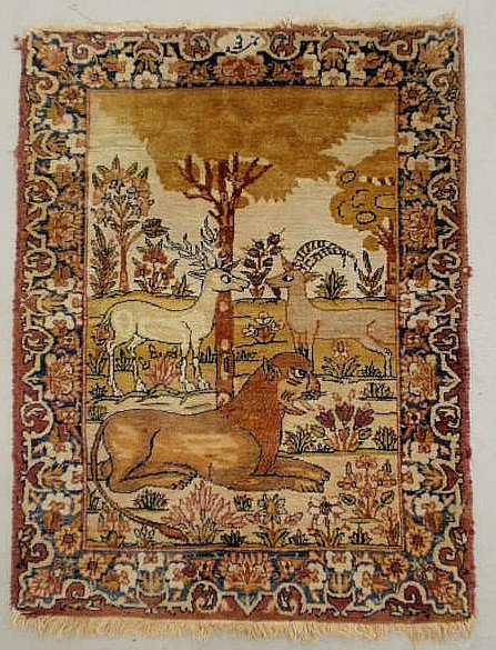 Kerman oriental mat with animal motif. 2'10"x2'1"