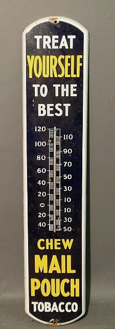 "Mail Pouch Tobacco" advertising thermometer, por: "Mail Pouch Tobacco" advertising thermometer, porcelain over metal. 39"h.x8"w.