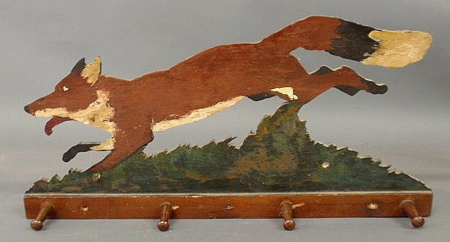 Jig sawed and paint decorated running fox coat ra: Jig sawed and paint decorated running fox coat rack with Shaker pegs. 11.5"h.x24"l.