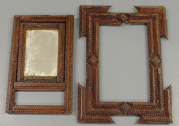 Ornate Tramp Art carved frame 20.5"x15" and a Tra: Ornate Tramp Art carved frame 20.5"x15" and a Tramp Art mirror 17"x10.5"